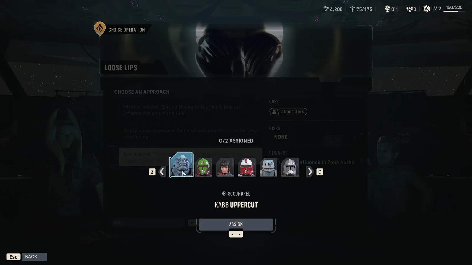 Operator selection panel for Loose Lips with Kabb Uppercut picked and the Assign button highlighted