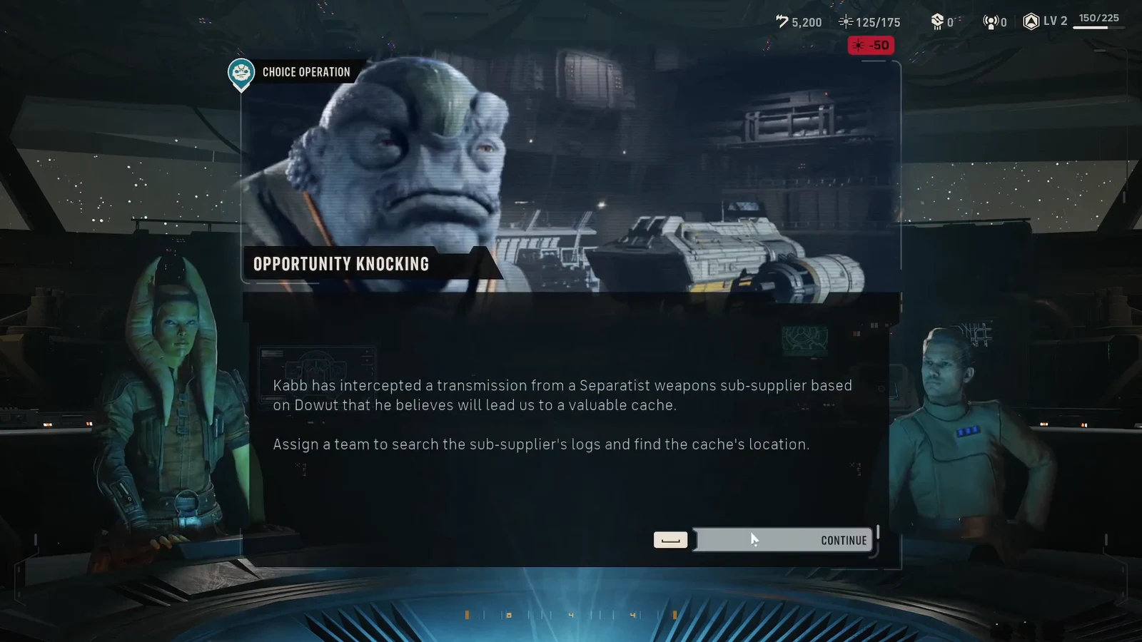Opportunity Knocking briefing asking you to assign a team to search logs for the cache location
