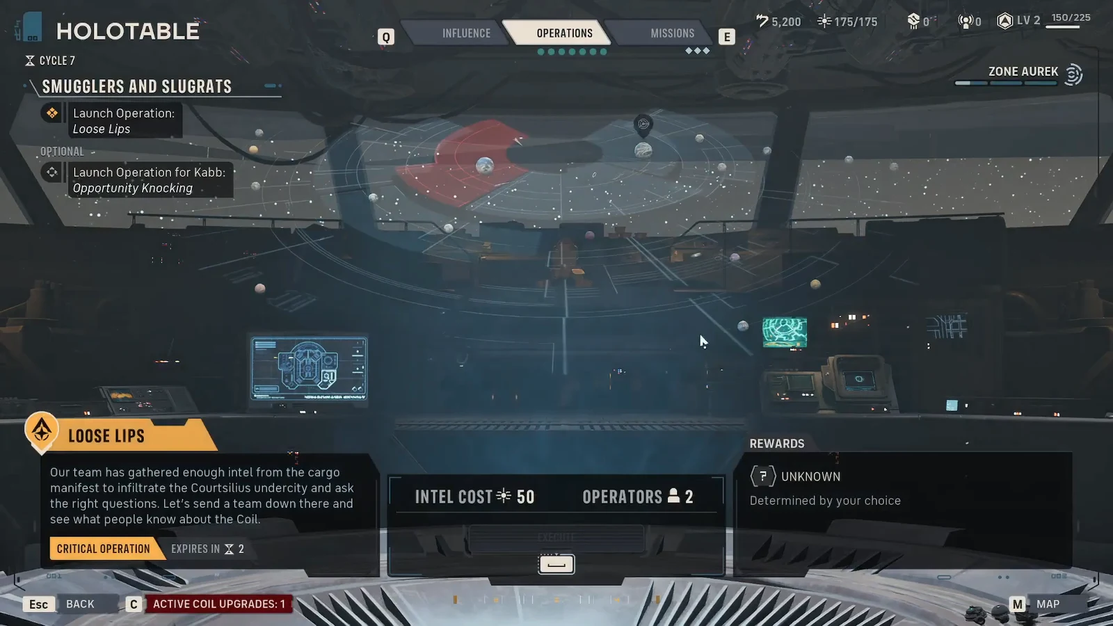 Holotable Operations tab with a briefing panel showing a 50 Intel cost and two-operator requirement