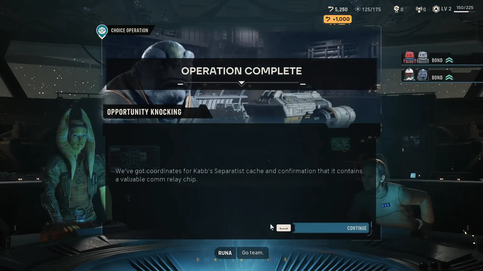 Operation Complete screen confirming the coordinates for Kabb's Separatist cache