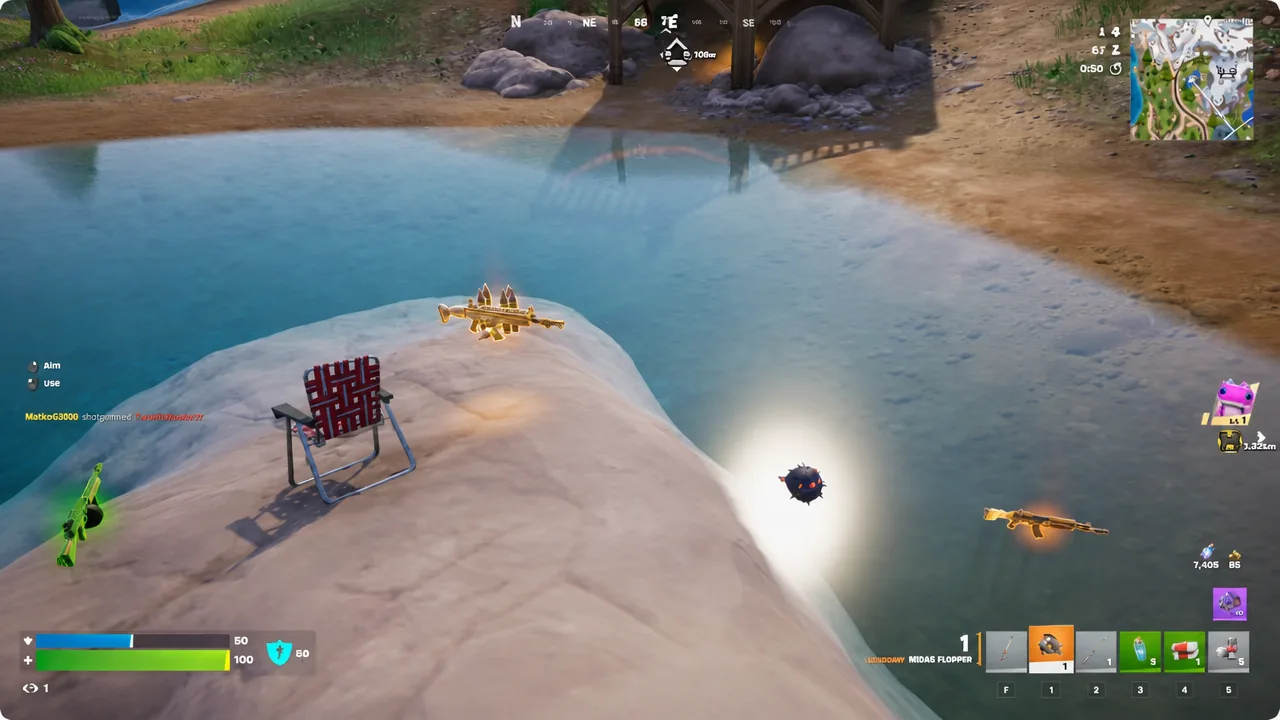 Midas Flopper equipped in Fortnite while standing beside dropped loot near a lake