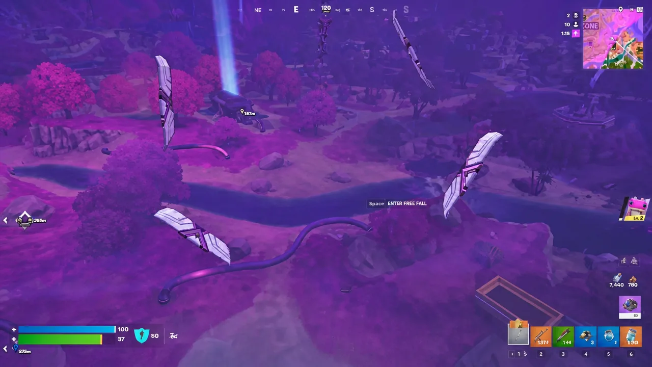 Glider deployed in Fortnite with the Enter Free Fall button prompt on screen