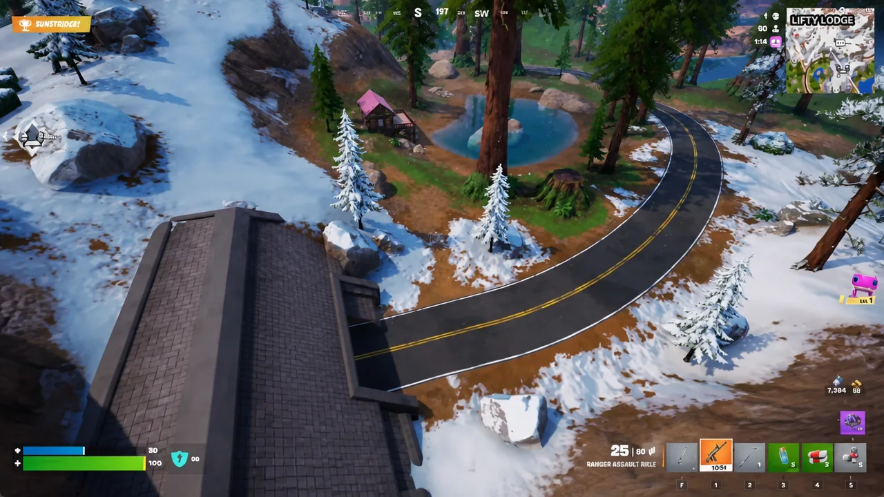 Ranger Assault Rifle equipped while looking down a snowy road toward a lake