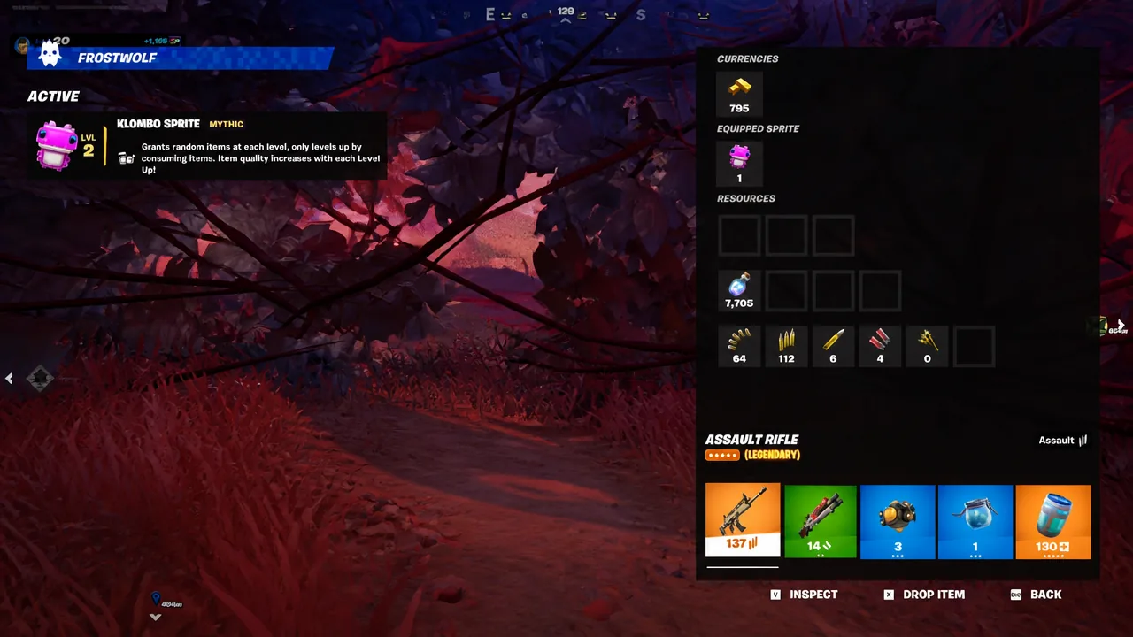 Fortnite inventory screen showing a Legendary Assault Rifle among the player's carried items