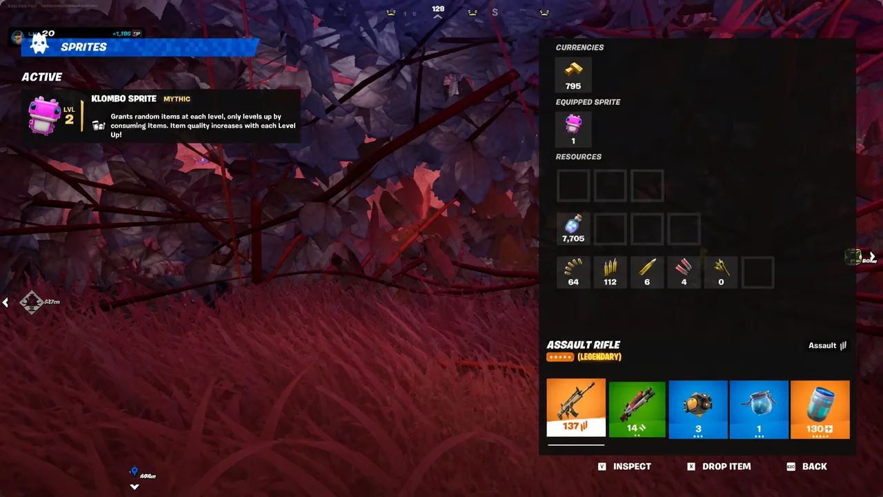 Inventory open on the Sprites tab showing the equipped Klombo Sprite