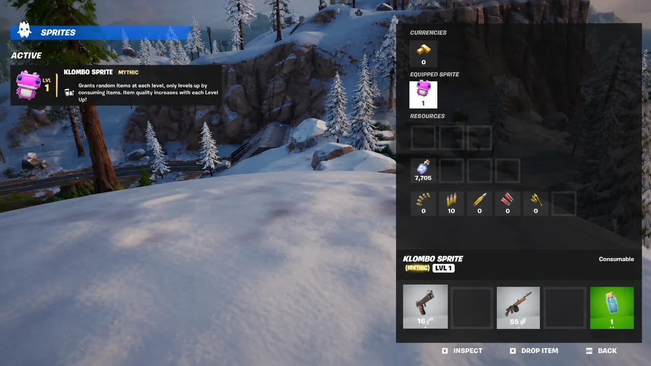 Fortnite inventory with the Mythic Klombo Sprite equipped at Level 1 alongside consumables