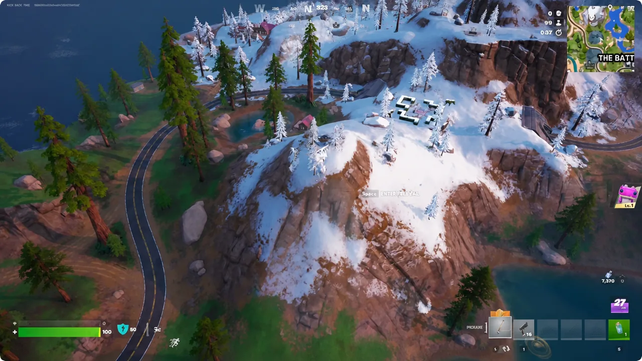Skydiving toward a snowy mountain in Fortnite with the glider deploy prompt on screen