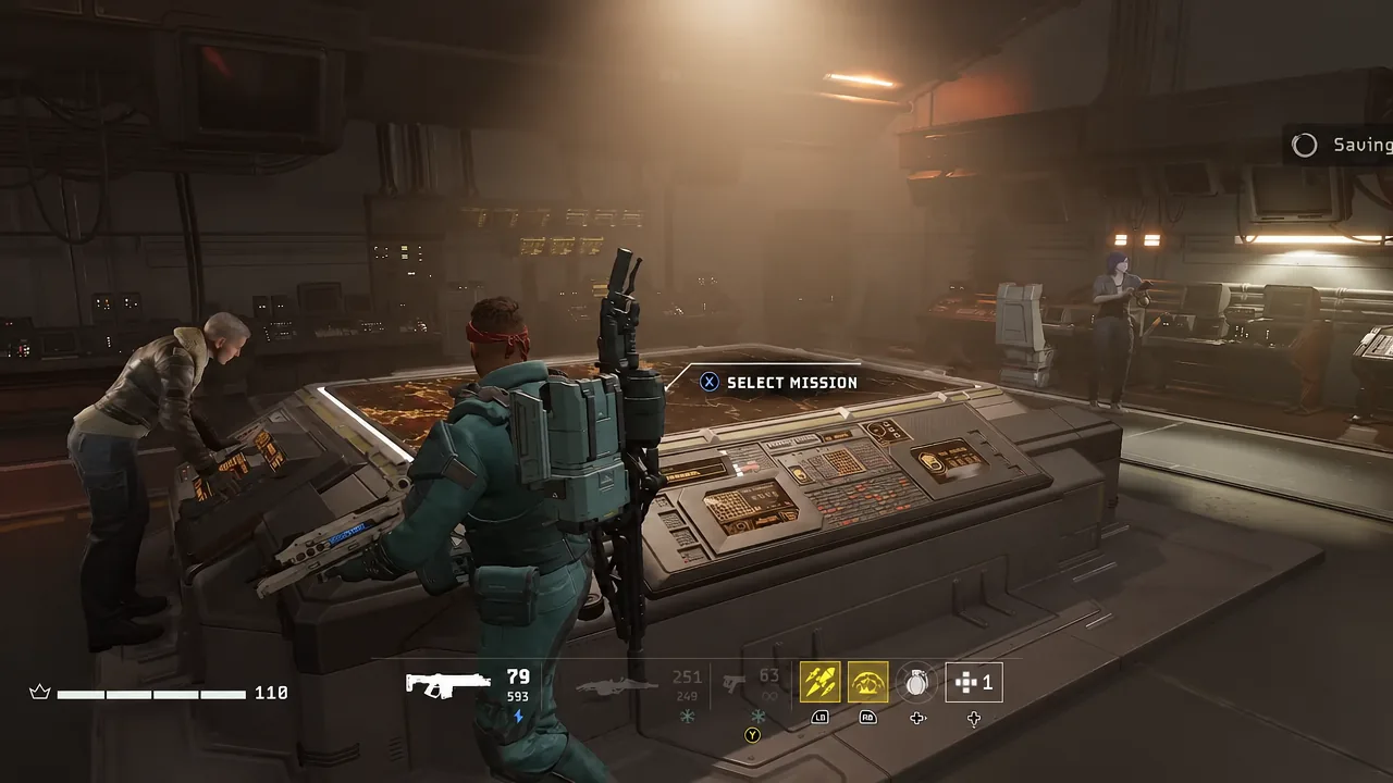 Mission console showing SELECT MISSION with a prompt to press X to choose a mission