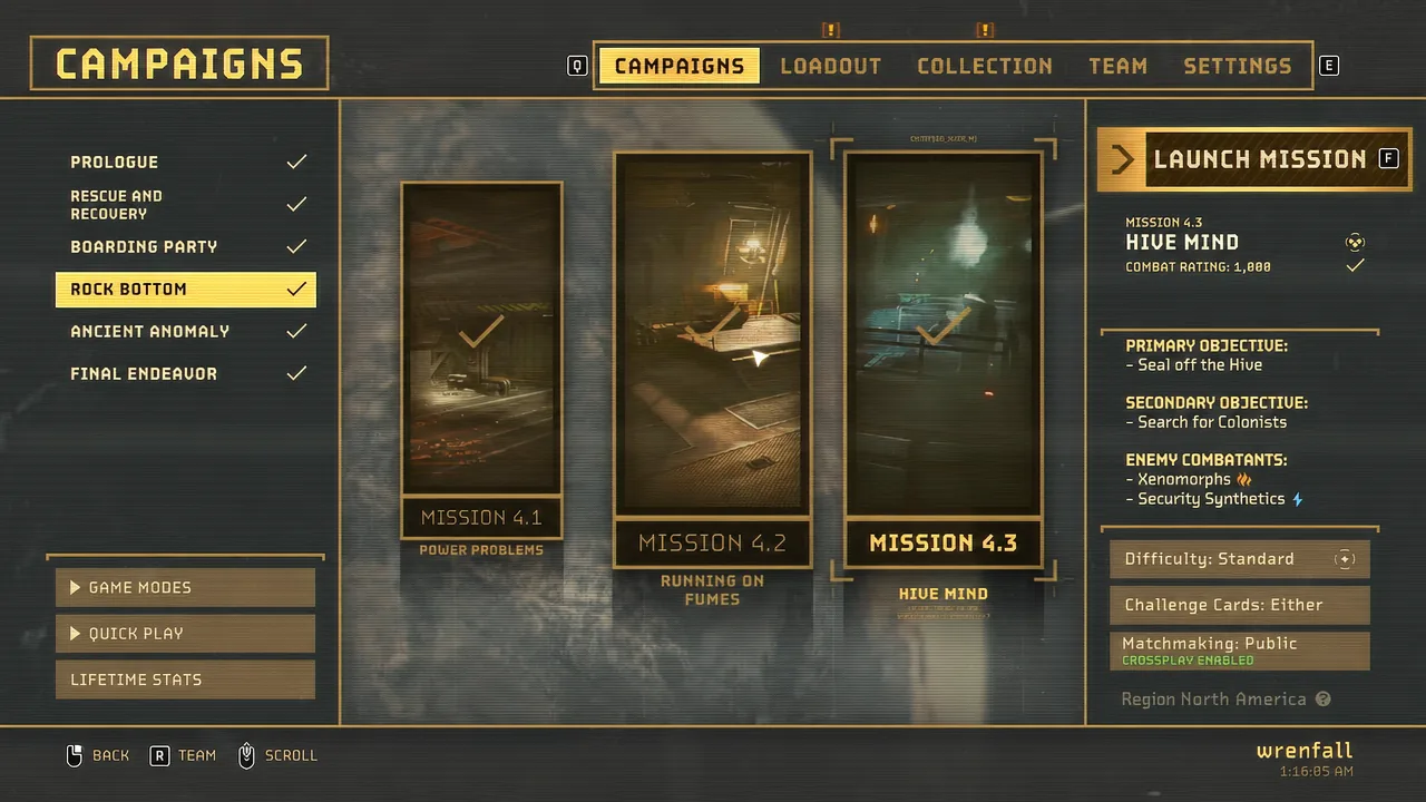 Campaigns screen with Mission 4.3 Hive Mind selected and Launch Mission ready