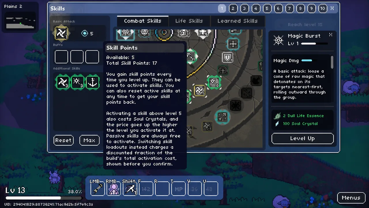 Skills window with Magic Burst selected and its Level Up button visible