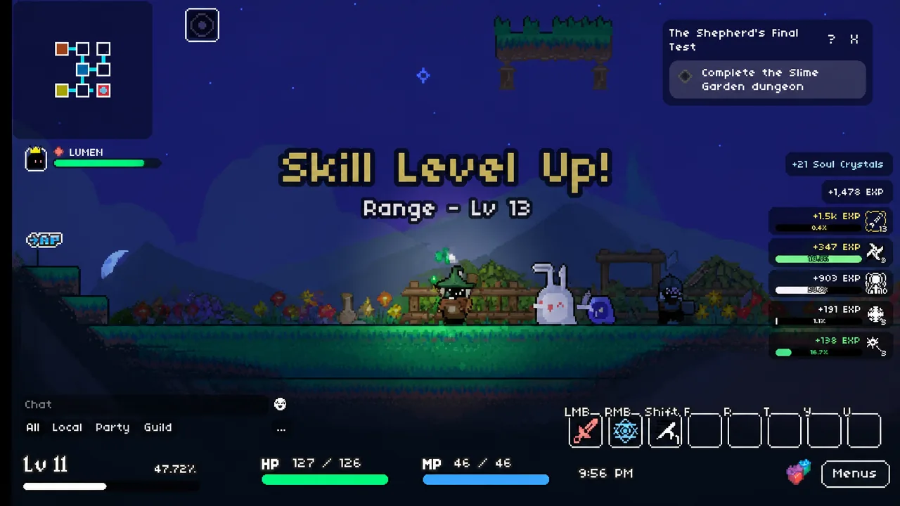 Skill Level Up banner reading Range Lv 13 during a grind session
