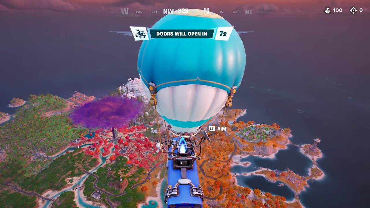 Fortnite Battle Bus screen with the DOORS WILL OPEN IN 7s countdown before dropping