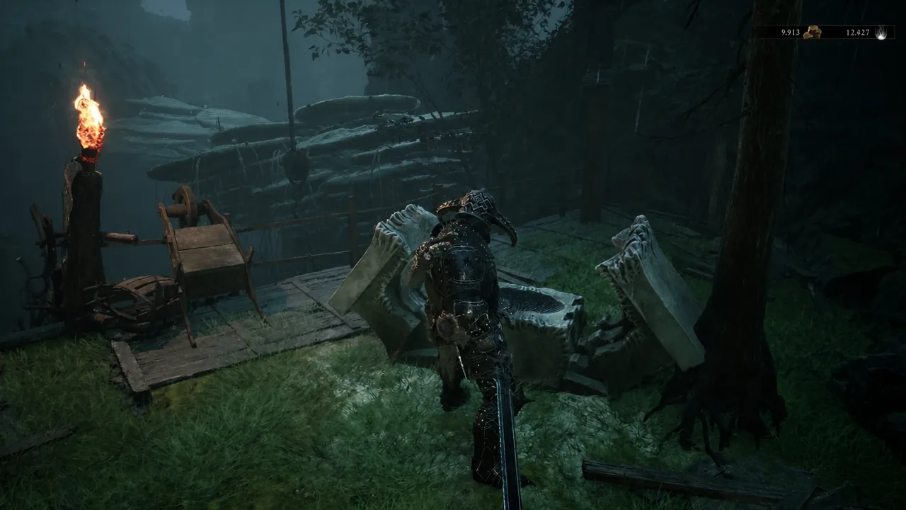 Armored character standing next to a bone-covered structure and a lit torch in a dark swamp forest