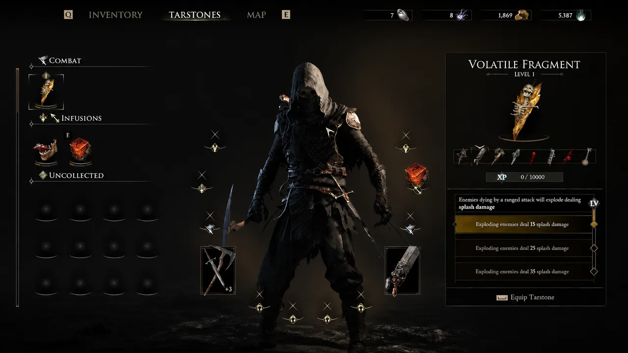 Tarstones menu showing Volatile Fragment level 1 with its splash damage effect and an Equip option