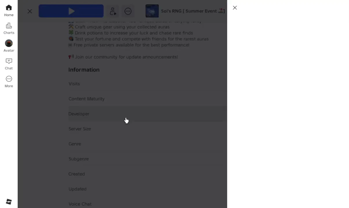 Roblox experience page with the Developer row in the Information section selected and a side panel open