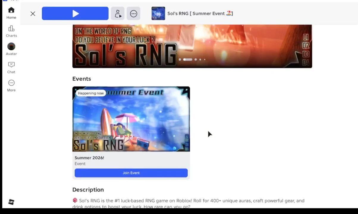 The Sol's RNG Summer Event Roblox page showing the Summer 2026 event card and Join Event button