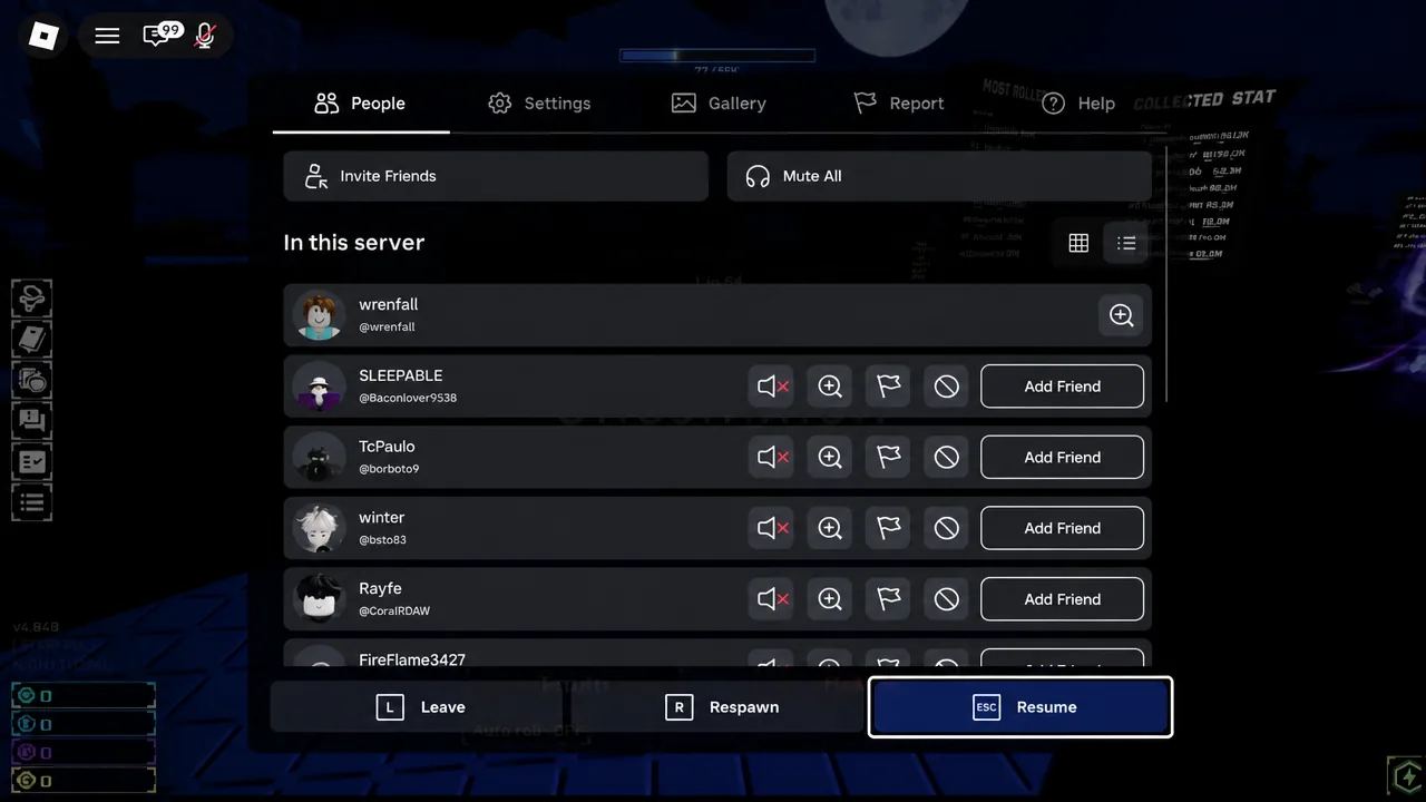 Roblox in-game menu open with the Resume button highlighted next to the Leave option