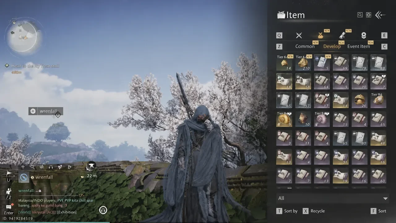 Develop tab in Where Winds Meet listing tuning stones and other crafting materials
