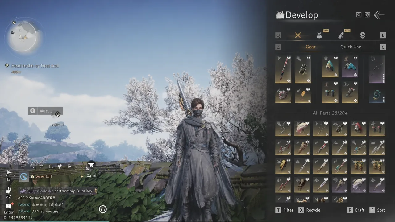 Where Winds Meet inventory with the Gear tab open, showing equipped items and the All Parts list