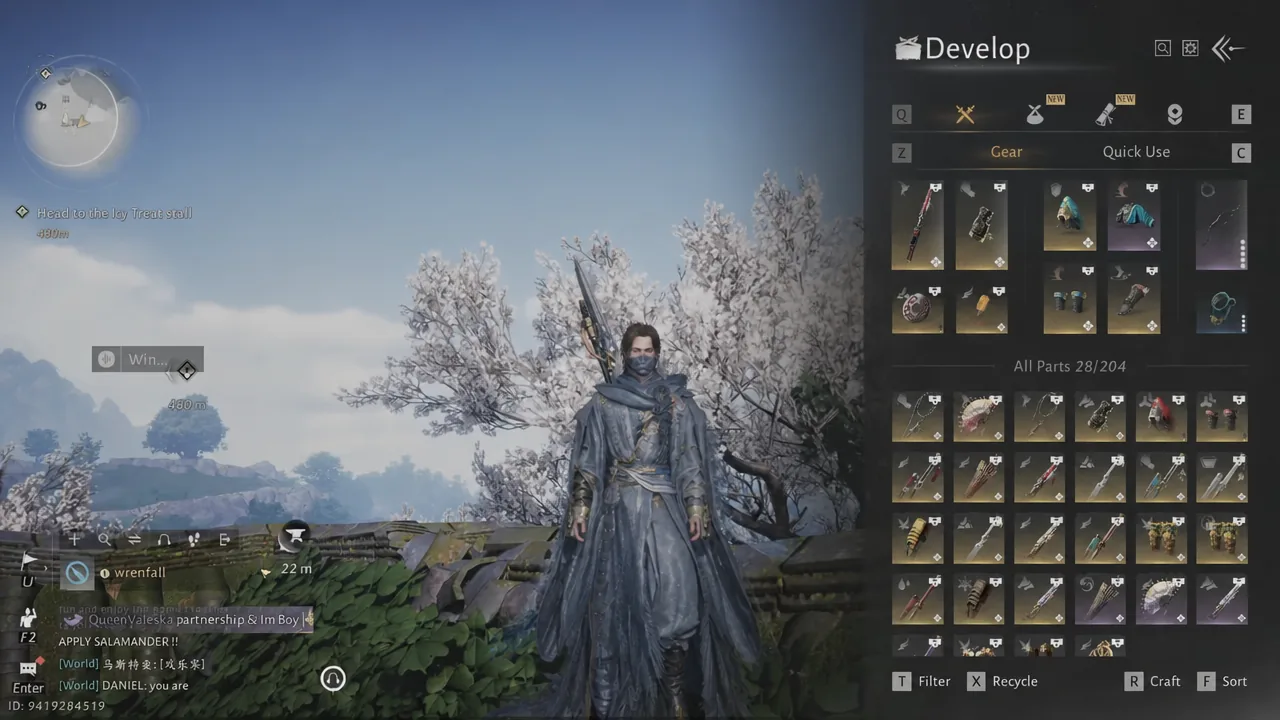 Gear tab open in Where Winds Meet showing equipment slots and the item grid