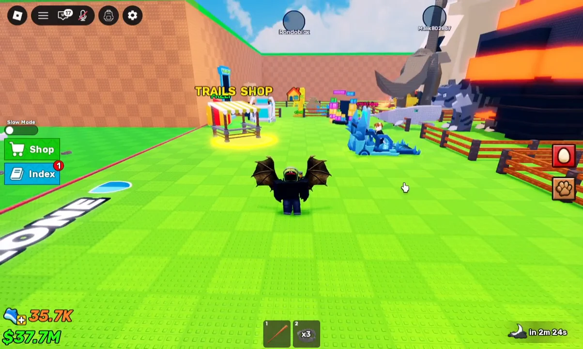 Avatar walking up to the glowing TRAILS SHOP kiosk in the game hub
