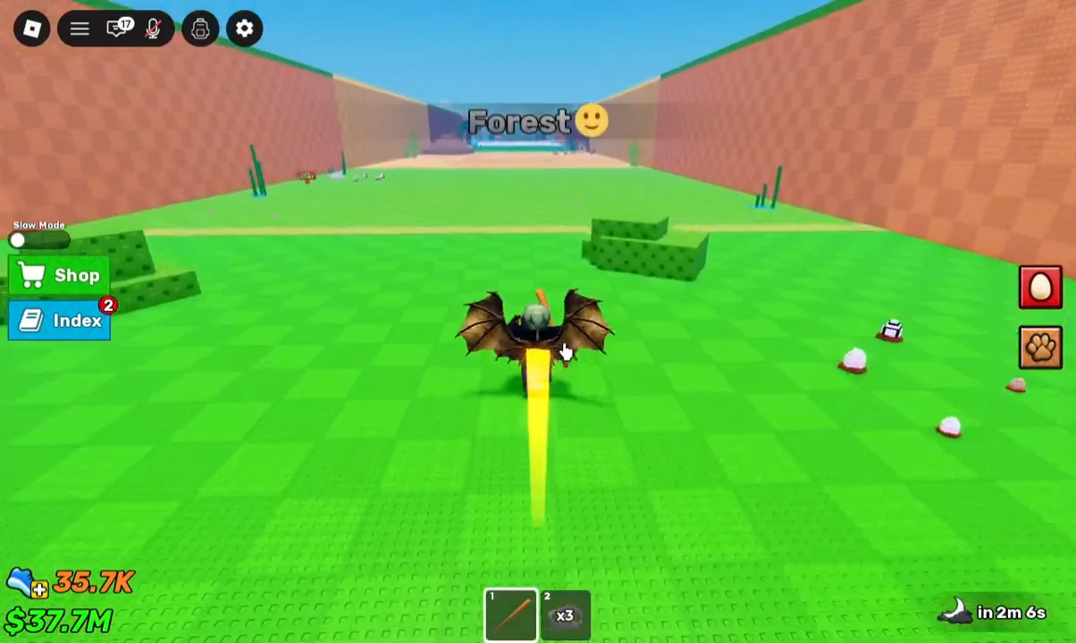 Winged avatar flying forward through the Forest zone with Shop and Index controls on screen
