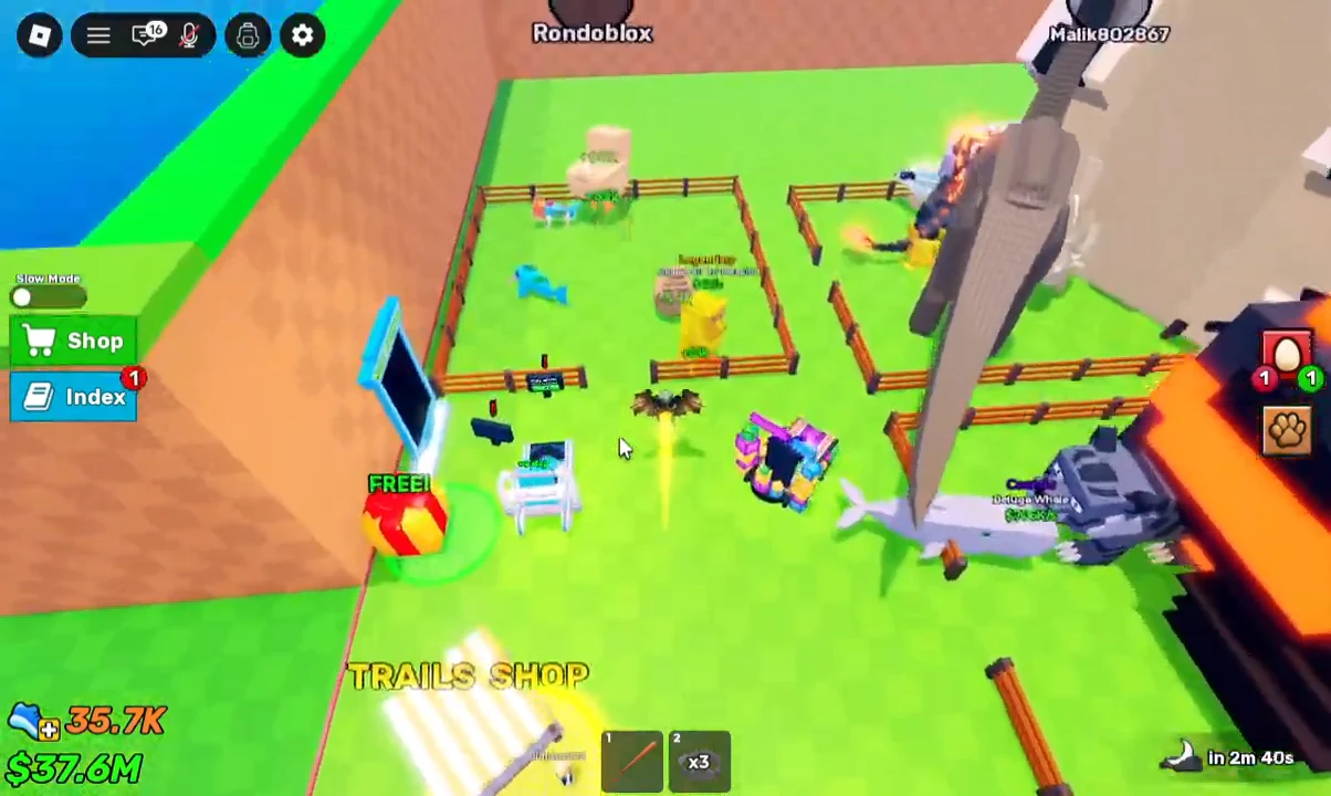 Player approaching a glowing FREE gift box beside the Trails Shop entrance