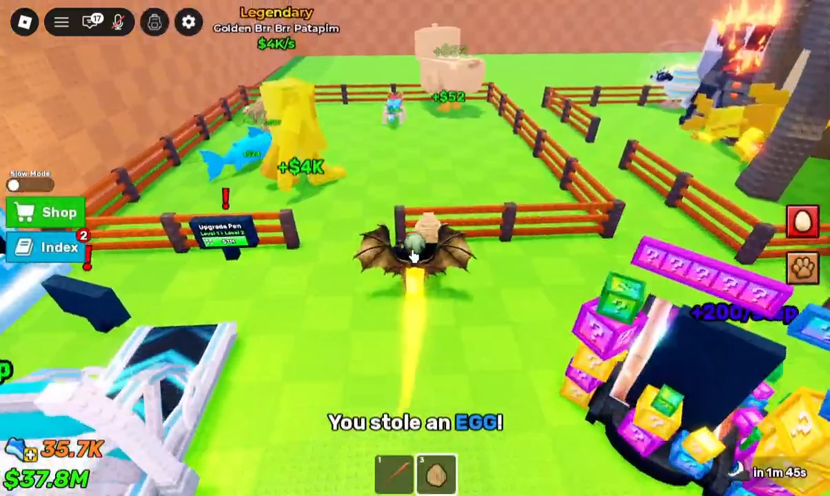 On-screen You stole an EGG message as the character carries an egg past fenced pens
