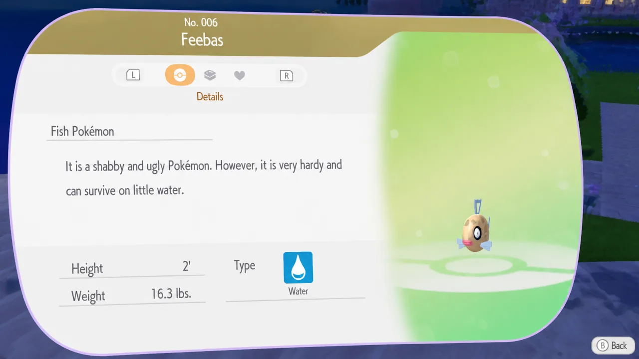 Feebas page in pokopia