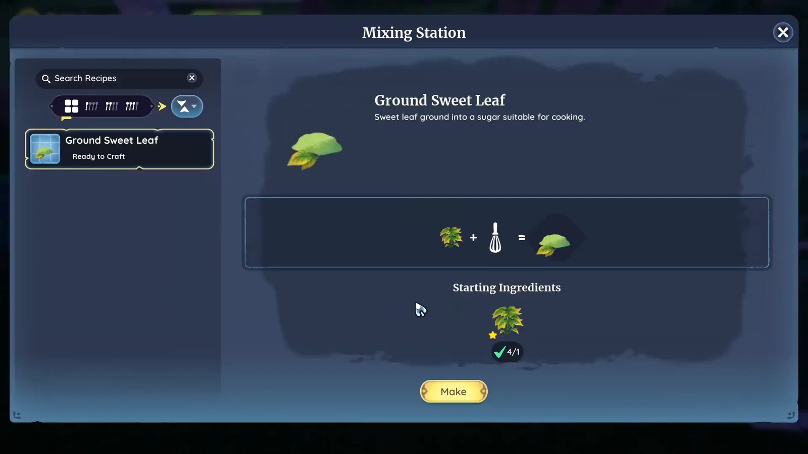 Mixing Station menu in Palia with Ground Sweet Leaf selected and the Make button available