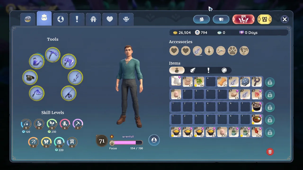 Palia backpack inventory tab showing tools, accessories, skill levels, and the item grid