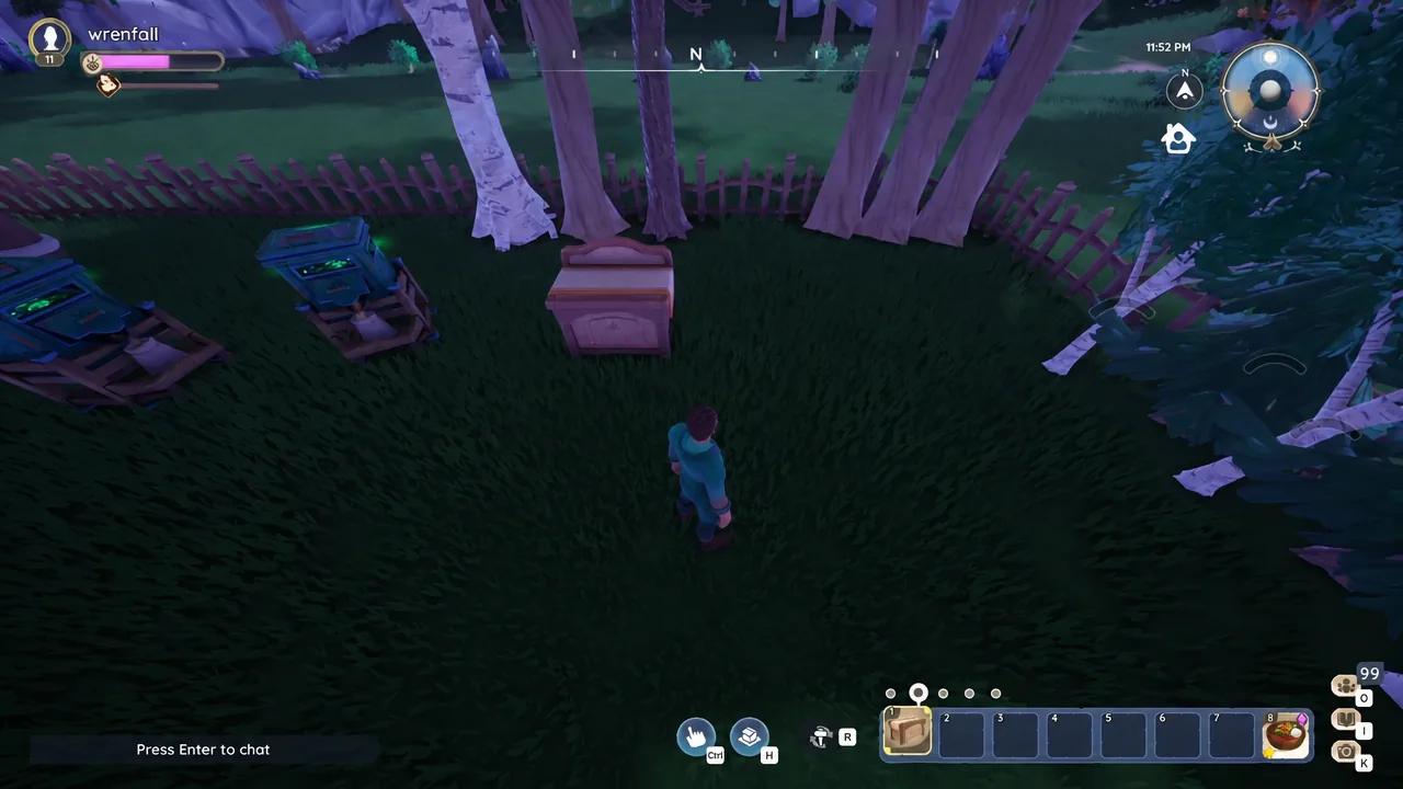 Palia HUD with hotbar slot one selected as the player walks up to a storage chest on their plot