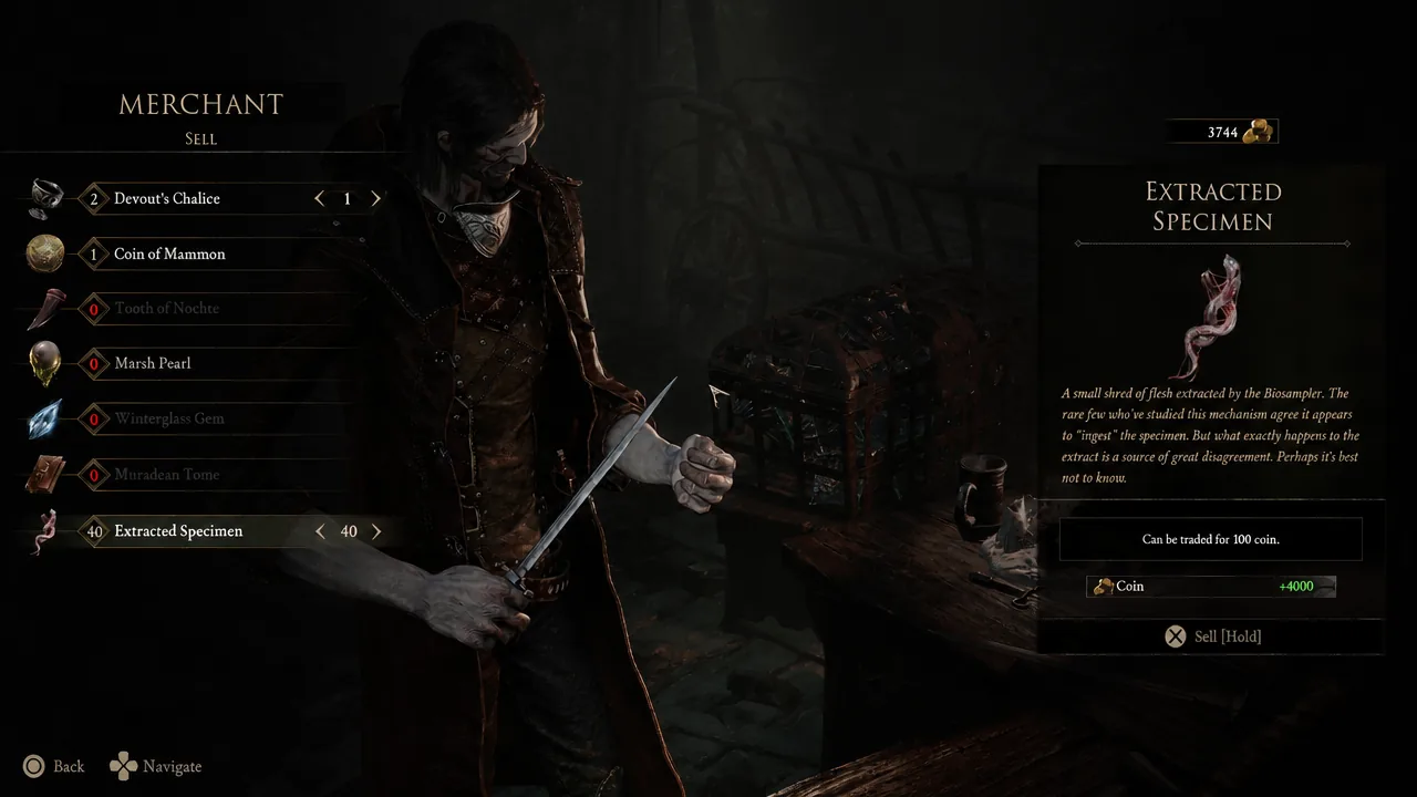 Merrick's sell menu with 40 Extracted Specimens selected for 4,000 coins