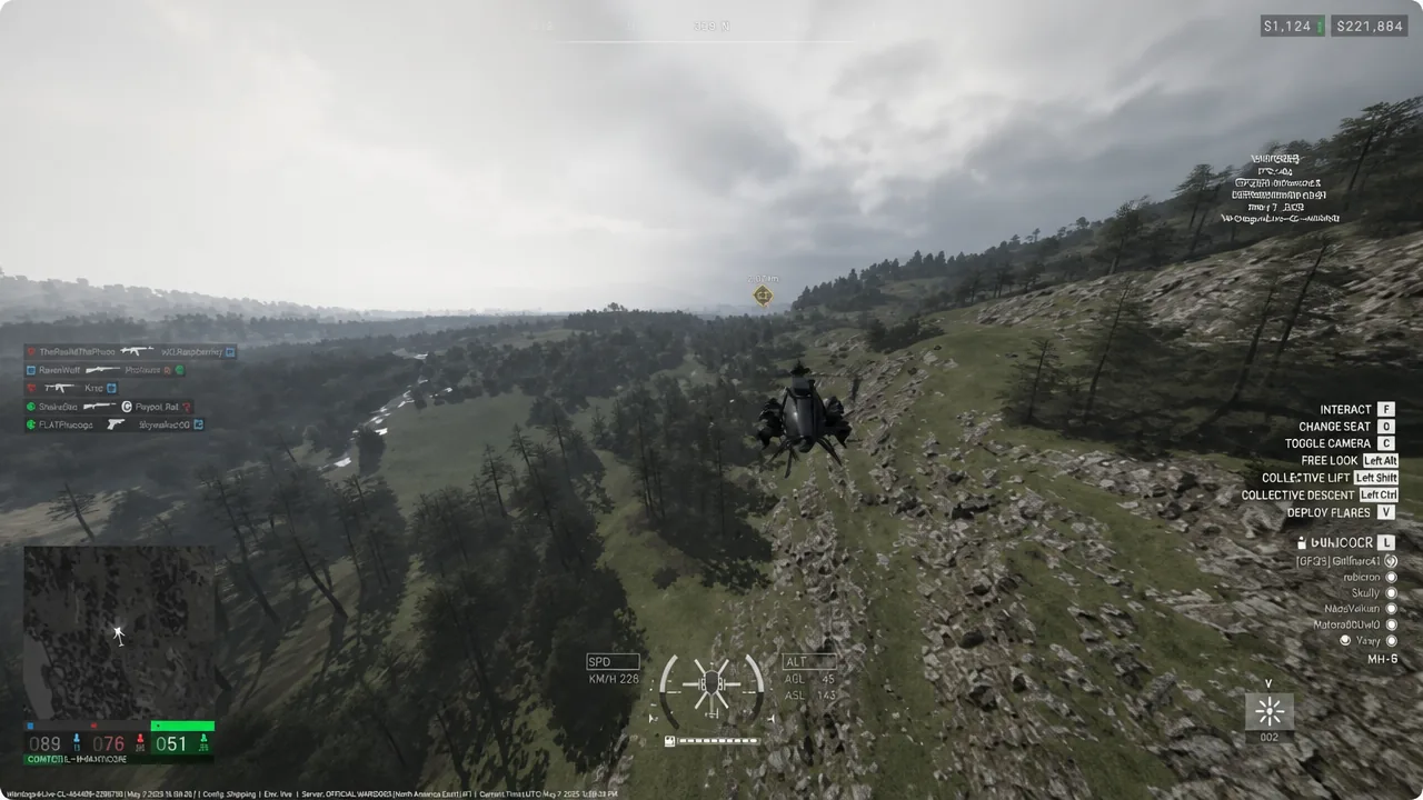 MH-6 helicopter en route to the highlighted objective with flight HUD on screen