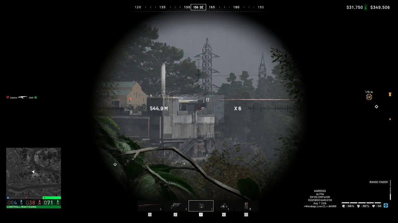Scoped view ranging a distant industrial building at 544.9 meters