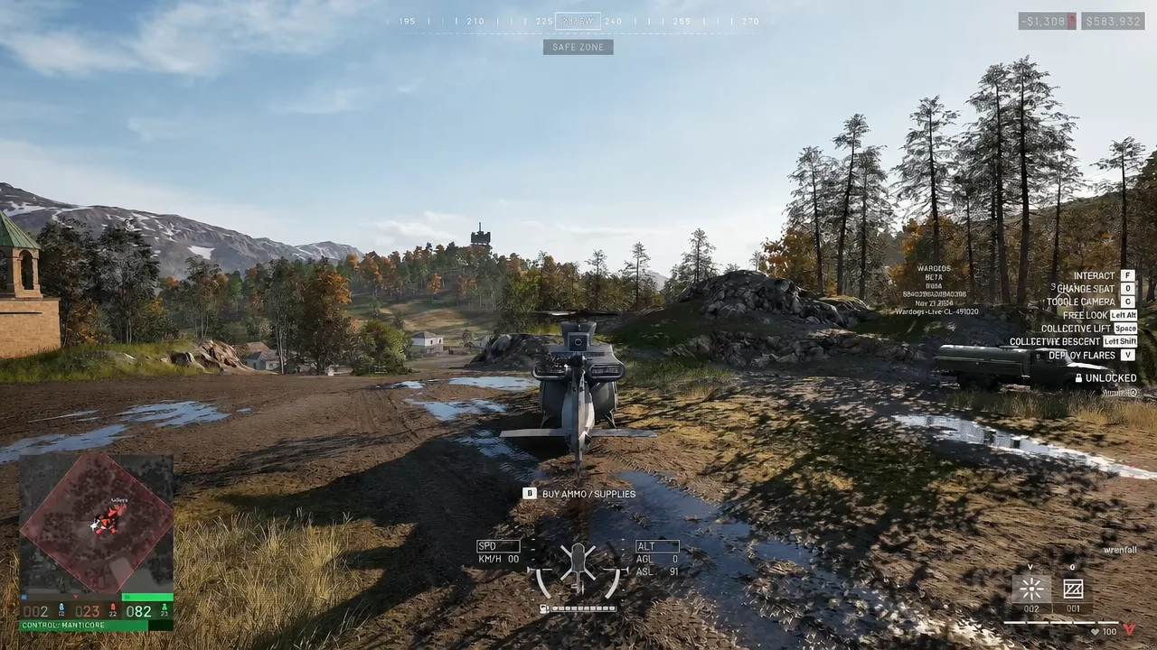 Helicopter in flight over the WARDOGS map heading toward the control zone