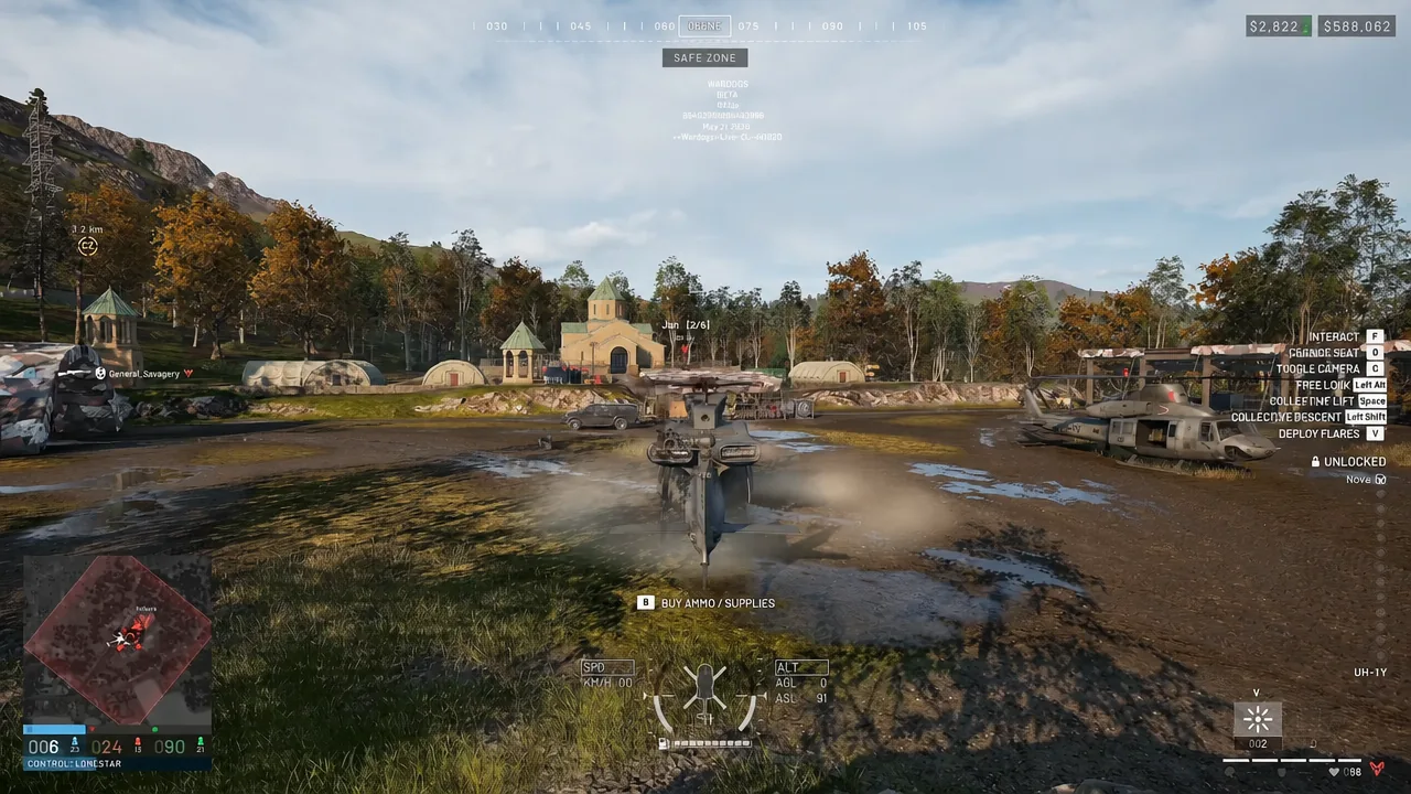 Helicopter parked in the Safe Zone with the B Buy Ammo and Supplies prompt on the HUD