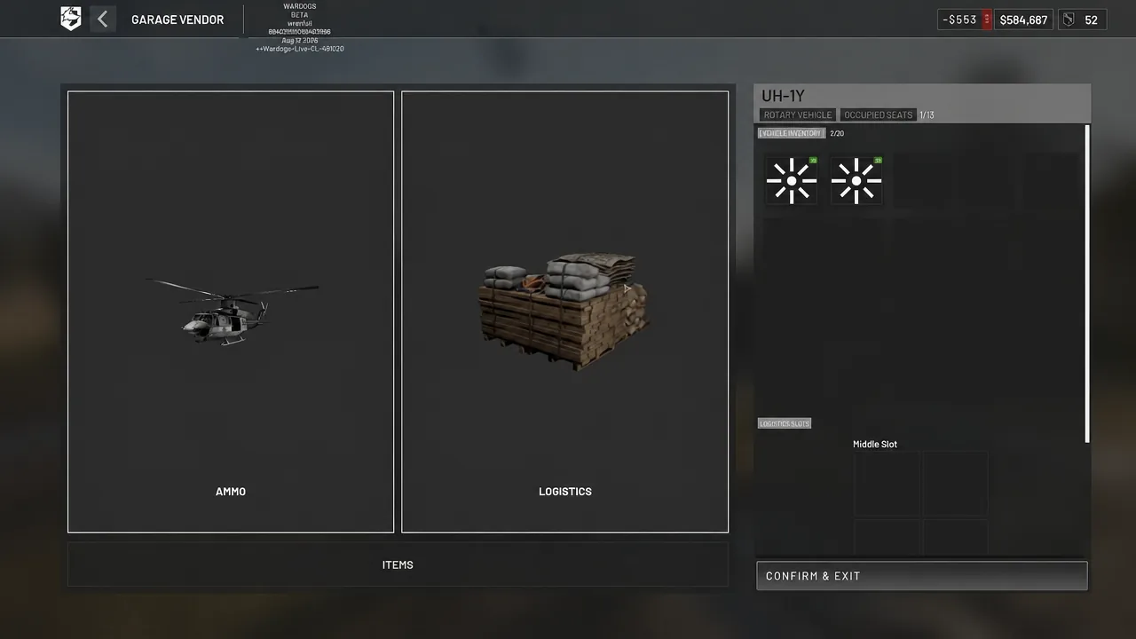 Garage Vendor screen showing UH-1Y inventory with Ammo and Logistics items selected