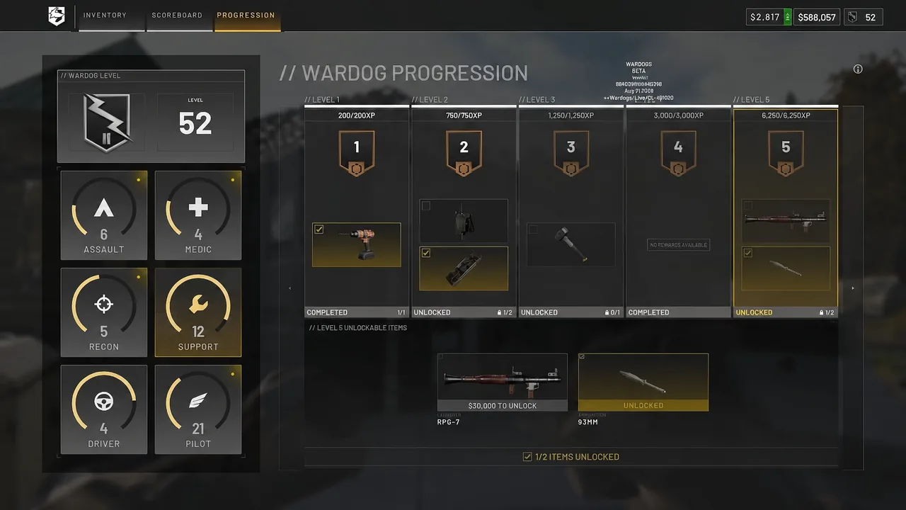 WARDOGS Progression screen with Level 5 and its unlock reward highlighted