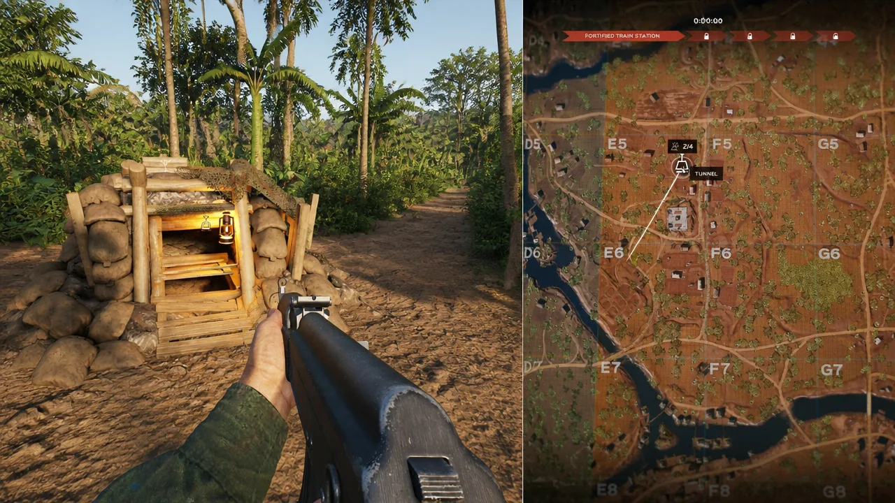 Player aiming at a jungle bunker tunnel entrance with the Tunnel marker highlighted