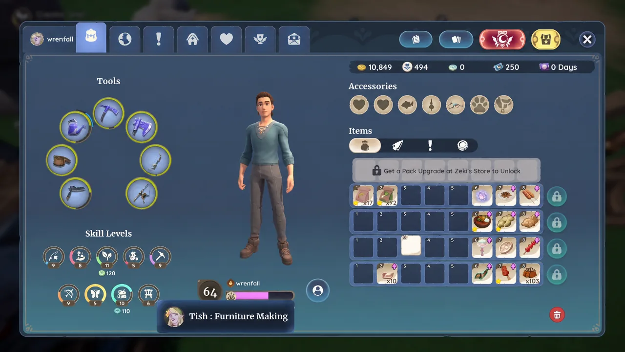 Palia inventory screen open on the backpack tab showing tools, accessories, and item slots