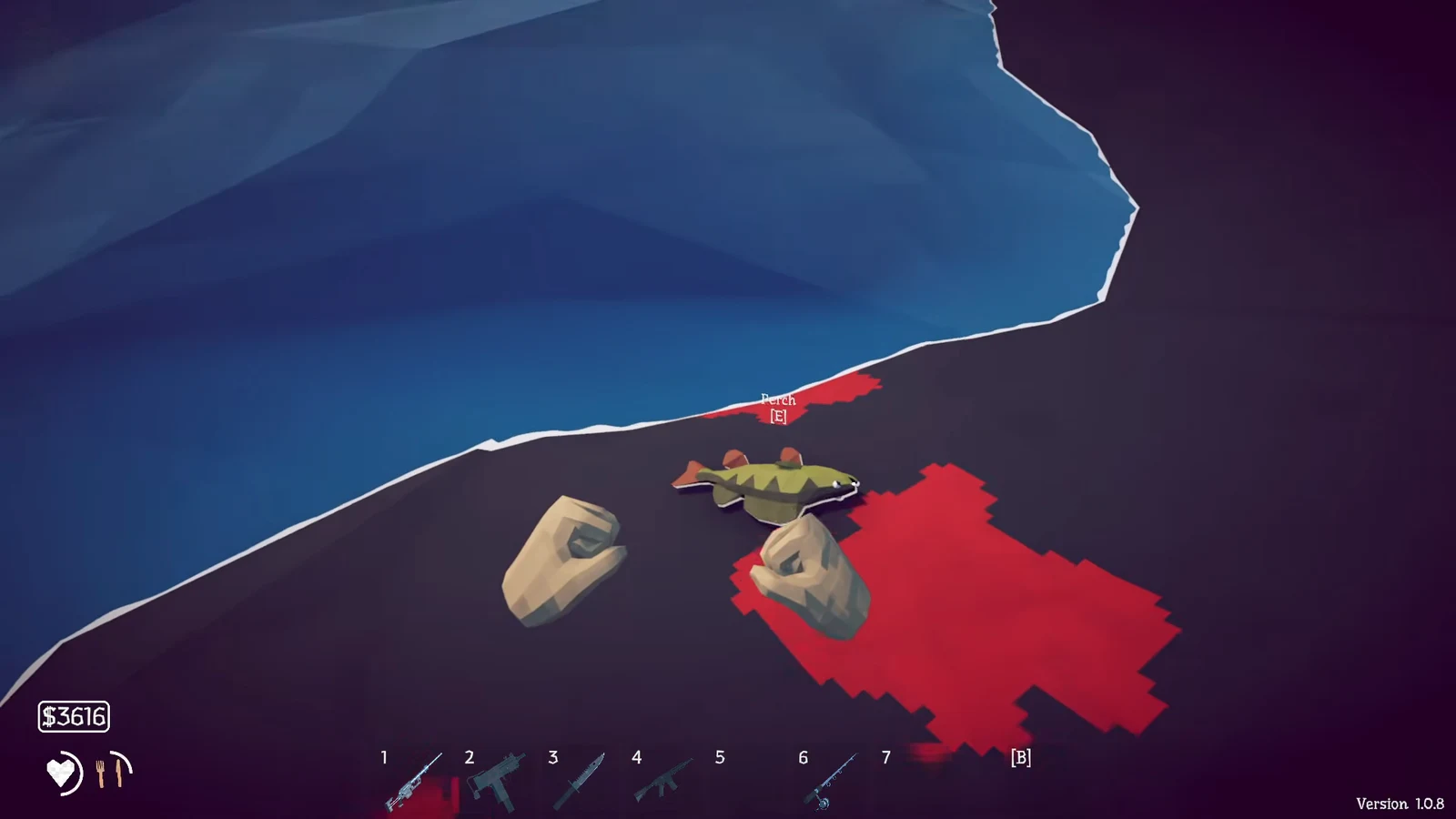 Gameplay showing an interaction prompt above a crocodile-like creature after the blast near the shore