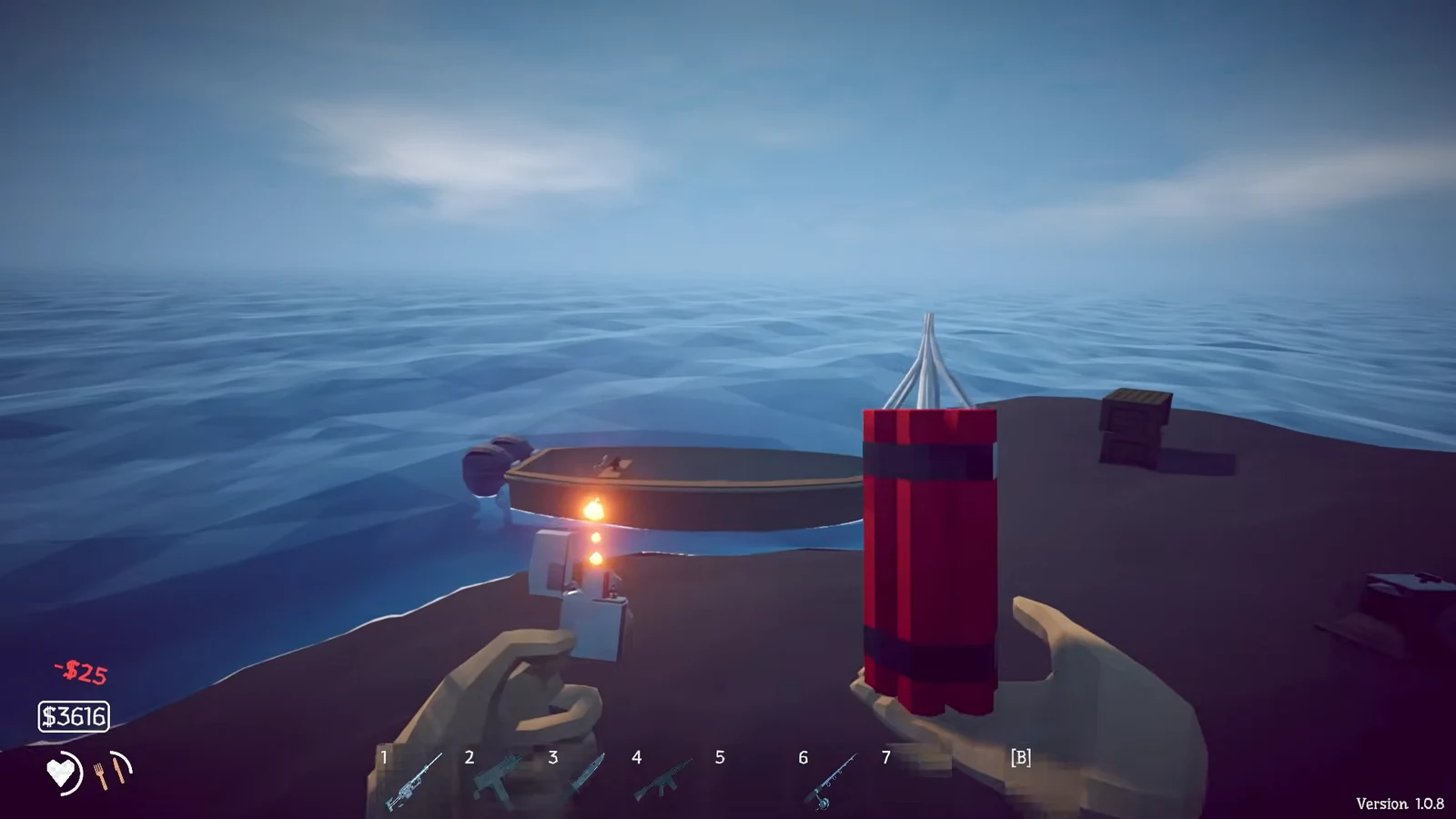 Lit red dynamite held in first person next to a small boat, with weapon slots and cash in the HUD