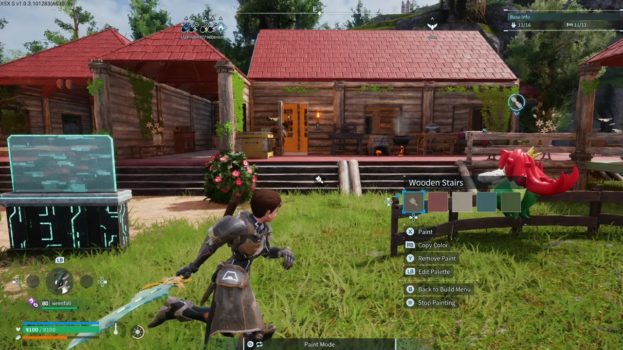 Wooden Stairs paint menu open in Palworld with a color swatch highlighted