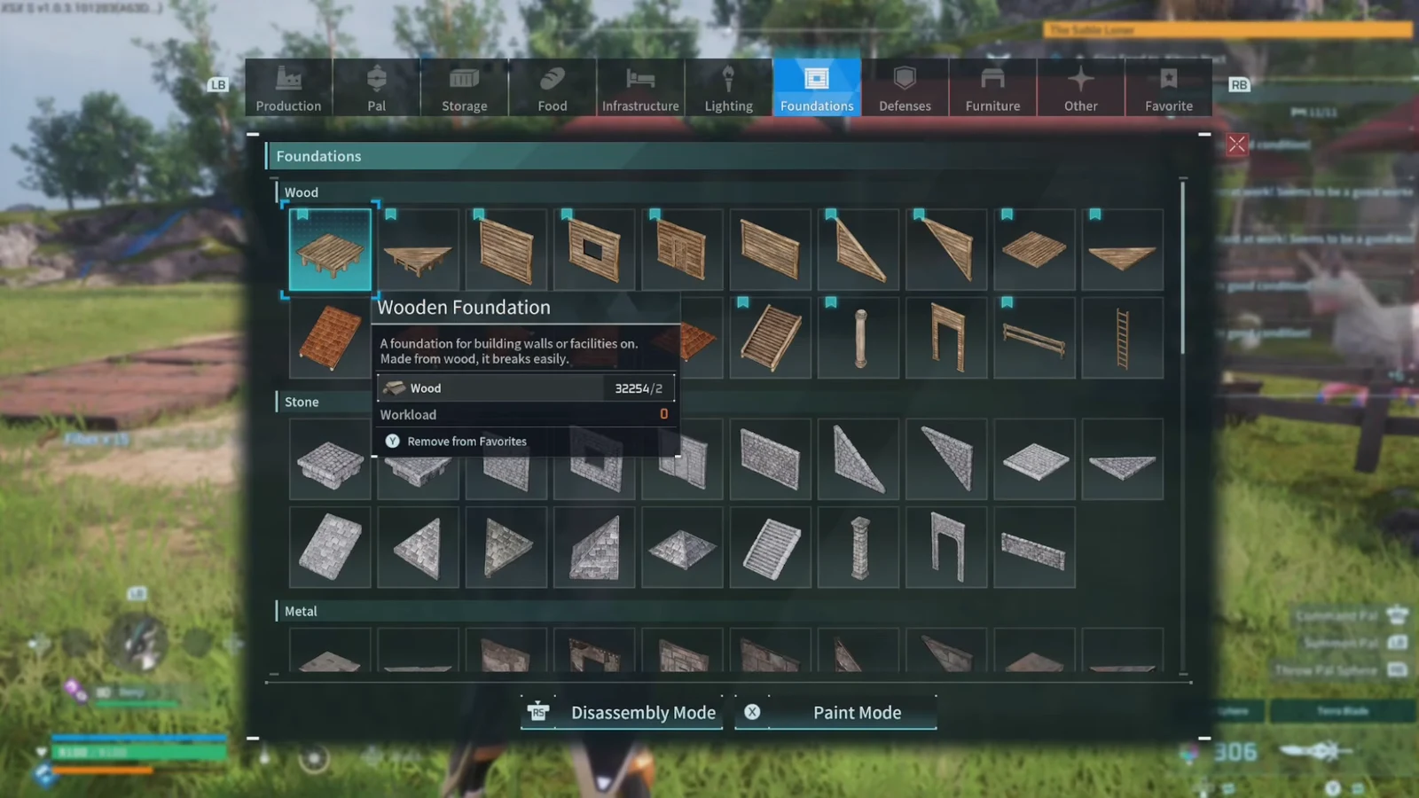 Foundations tab of the Palworld build menu with Wooden Foundation selected and its wood cost shown