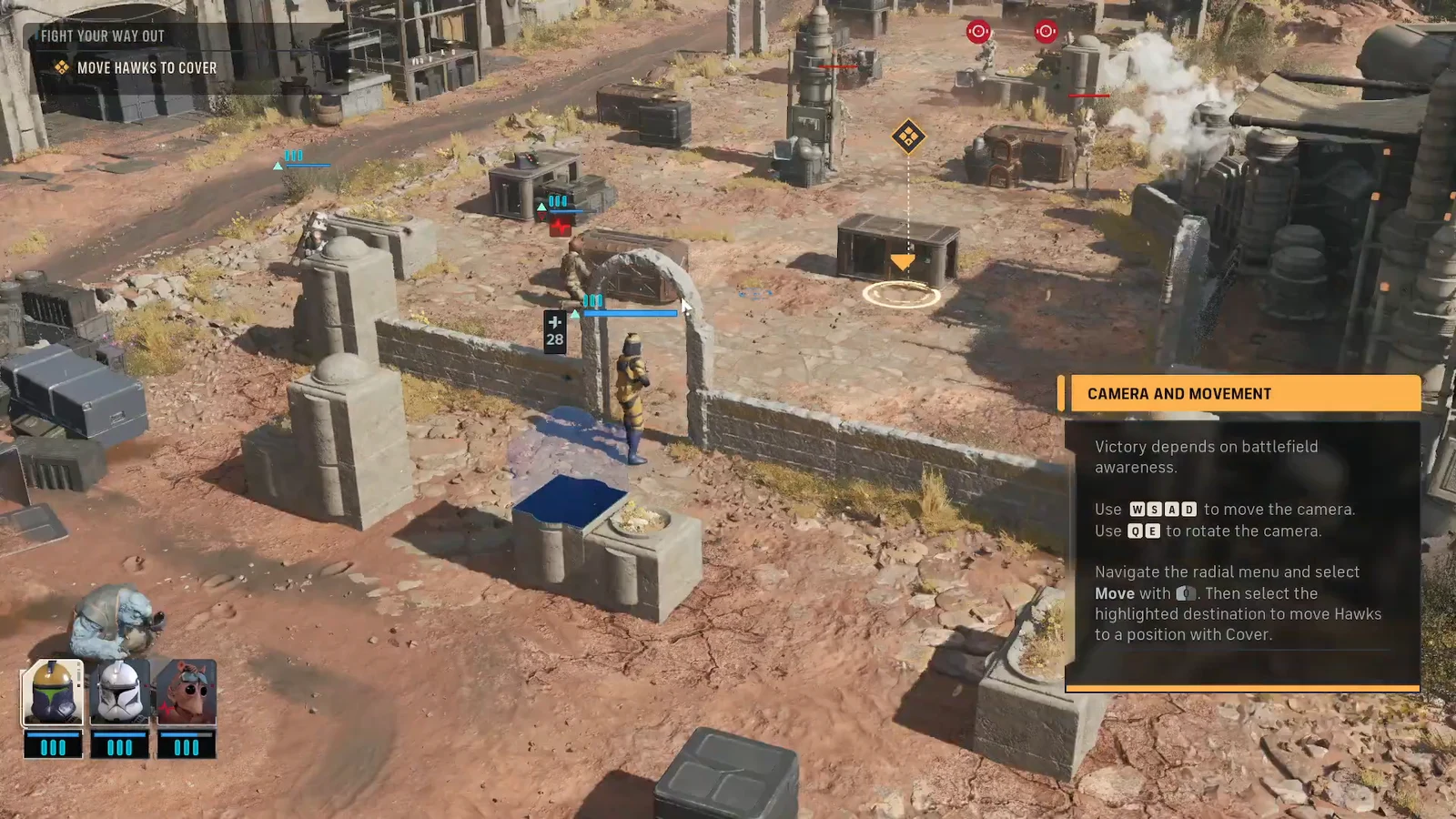 Camera and movement tutorial panel prompting the player to move Hawks to a highlighted cover tile