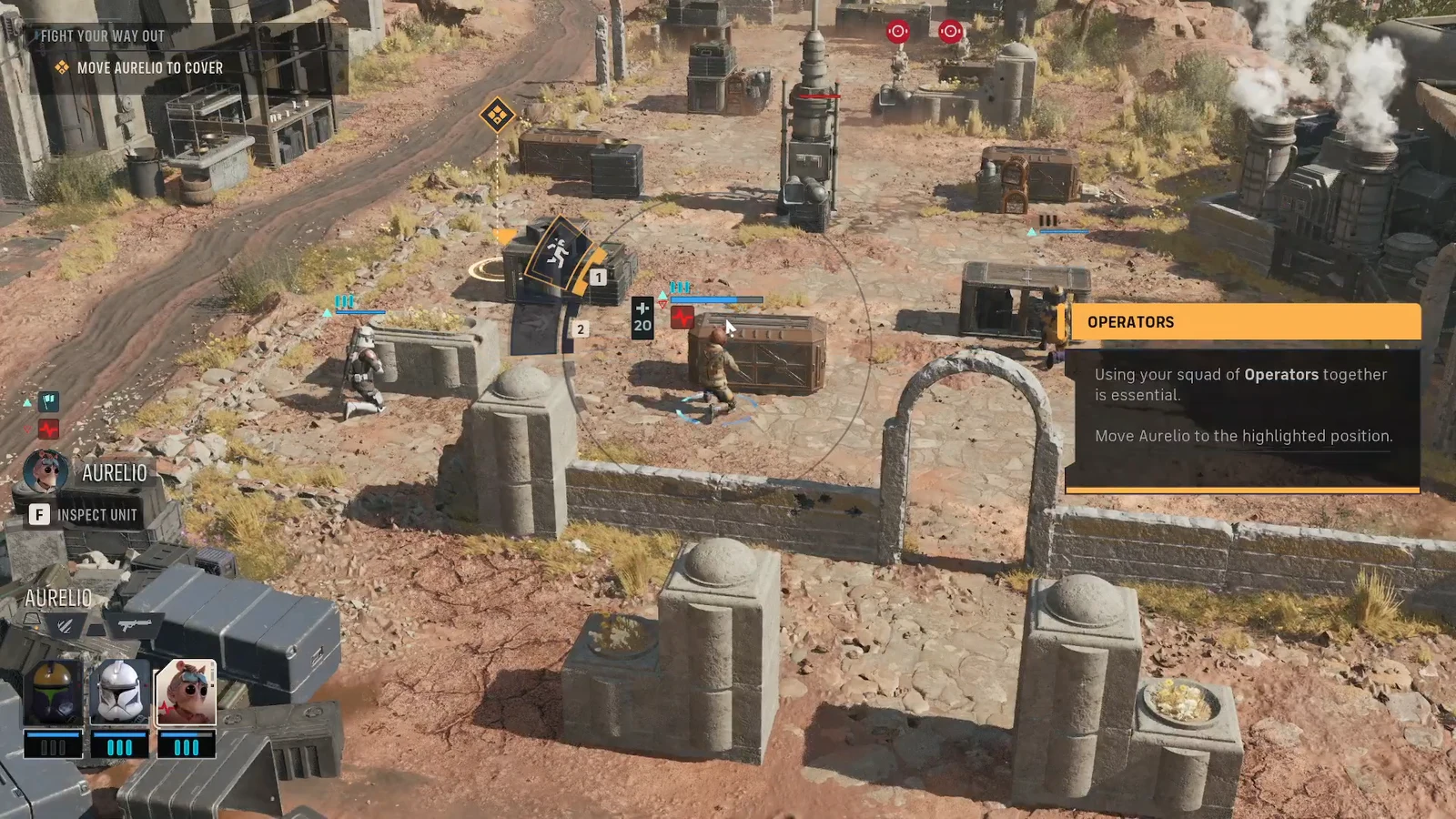 Fight Your Way Out objective prompting the player to move Aurelio to the highlighted cover position