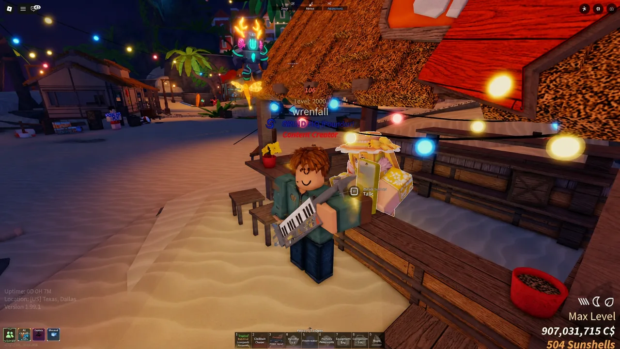 Talk prompt showing next to the Tiki Hut drink server NPC in Fisch