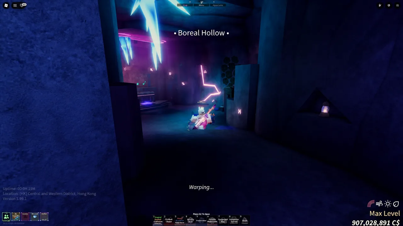 The Warping screen as the player teleports into the icy Boreal Hollow cave