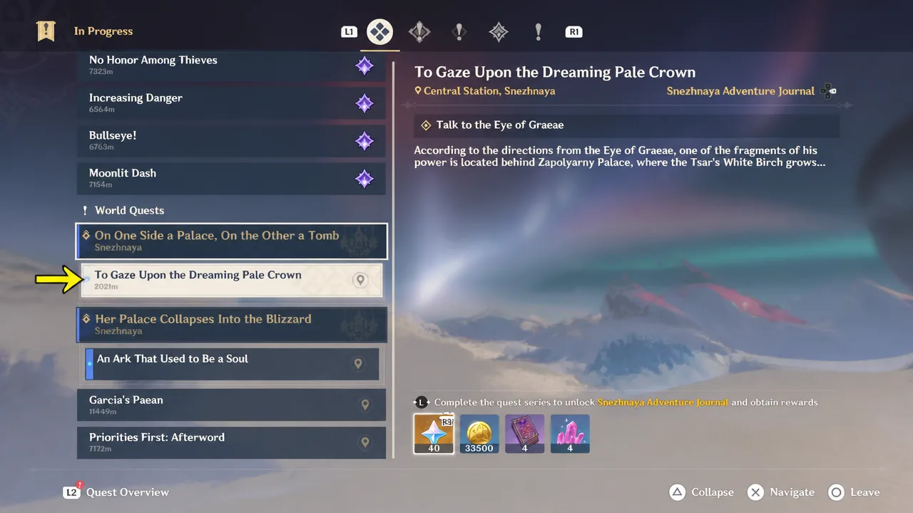 Quest overview for To Gaze Upon the Dreaming Pale Crown showing the objective to talk to the Eye of Graeae in Central Station